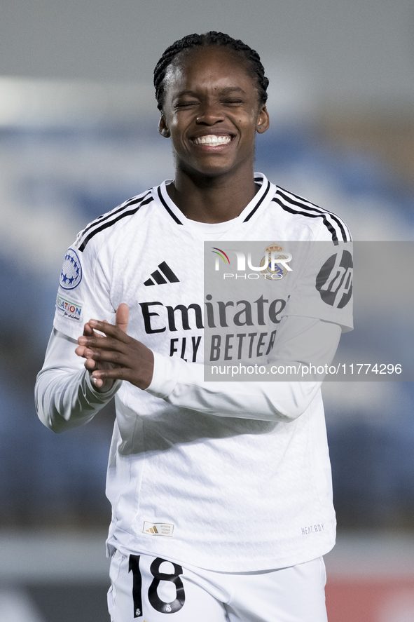 Linda Caicedo of Real Madrid women reacts to a missed opportunity during the UEFA Women's Champions League match between Real Madrid and FC...