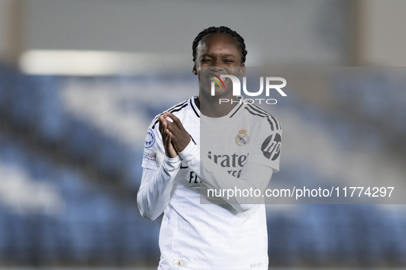 Linda Caicedo of Real Madrid women reacts to a missed opportunity during the UEFA Women's Champions League match between Real Madrid and FC...