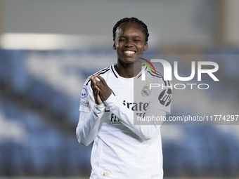 Linda Caicedo of Real Madrid women reacts to a missed opportunity during the UEFA Women's Champions League match between Real Madrid and FC...