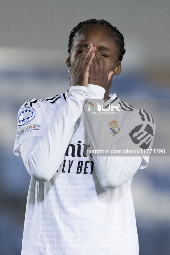 Linda Caicedo of Real Madrid women reacts to a missed opportunity during the UEFA Women's Champions League match between Real Madrid and FC...