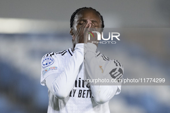 Linda Caicedo of Real Madrid women reacts to a missed opportunity during the UEFA Women's Champions League match between Real Madrid and FC...