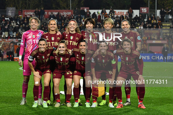 A.S. Roma Femminile players pose for a team photo during Group A - Day 3 - UEFA Women's Champions League 2023/24 between A.S. Roma and Olymp...