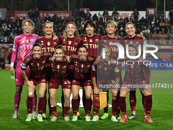 A.S. Roma Femminile players pose for a team photo during Group A - Day 3 - UEFA Women's Champions League 2023/24 between A.S. Roma and Olymp...