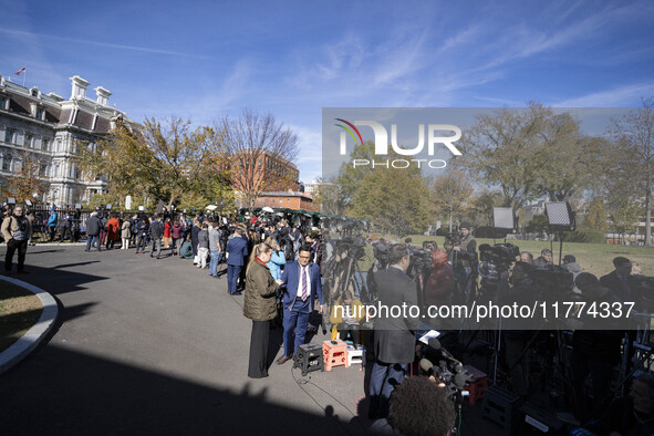 Journalists gather outside of the West Wing of the White House as US President Joe Biden and President-elect Donald hold a meeting, in Washi...