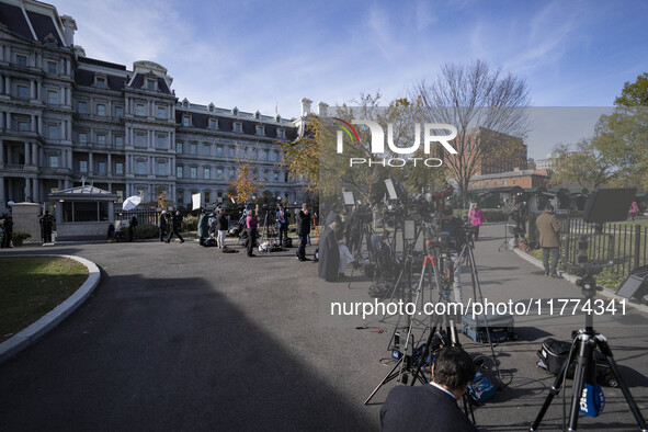 Journalists gather outside of the West Wing of the White House as US President Joe Biden and President-elect Donald hold a meeting, in Washi...