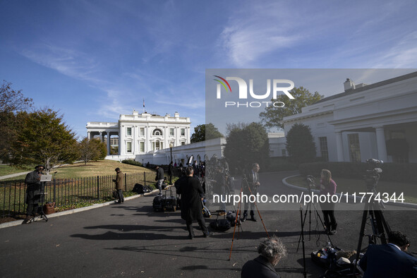 Journalists gather outside of the West Wing of the White House as US President Joe Biden and President-elect Donald hold a meeting, in Washi...