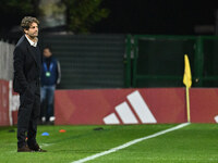 Joe Montemurro coaches Olympique Lyonnais during Group A - Day 3 of the UEFA Women's Champions League 2023/24 between A.S. Roma and Olympiqu...