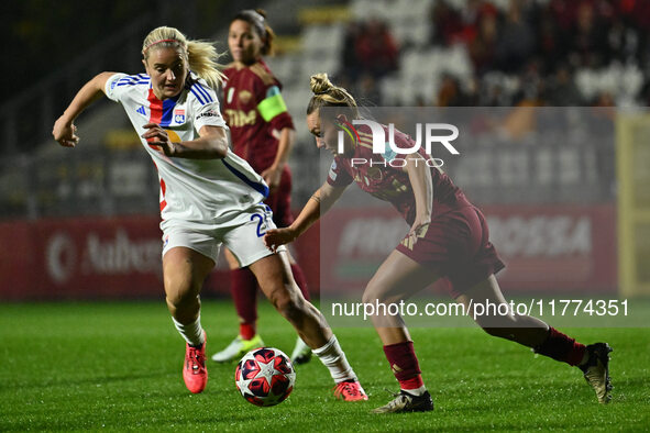 Lindsey Horan of Olympique Lyonnais and Giada Greggi of A.S. Roma Femminile are in action during Group A - Day 3 of the UEFA Women's Champio...