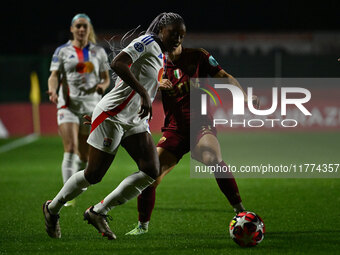 Kadidiatou Diani of Olympique Lyonnais and Emilie Haavi of A.S. Roma Femminile are in action during Group A - Day 3 of the UEFA Women's Cham...