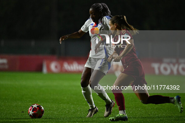 Kadidiatou Diani of Olympique Lyonnais and Emilie Haavi of A.S. Roma Femminile are in action during Group A - Day 3 of the UEFA Women's Cham...