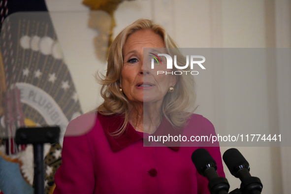 U.S. first lady Jill Biden speaks during the Classroom to Career Summit in the East Room of the White House on November 13, 2024 in Washingt...