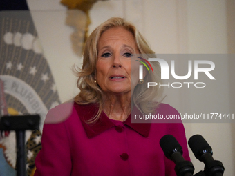 U.S. first lady Jill Biden speaks during the Classroom to Career Summit in the East Room of the White House on November 13, 2024 in Washingt...