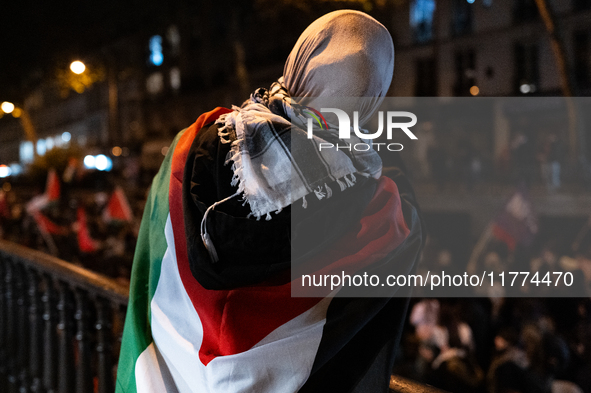 Protesters hold placards and wave Palestinian flags during a rally organized by political parties (La France Insoumise - LFI, Les Ecologiste...