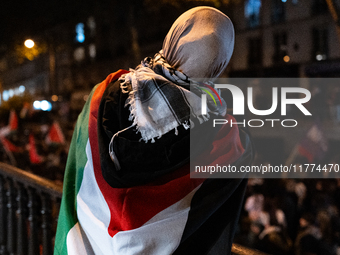 Protesters hold placards and wave Palestinian flags during a rally organized by political parties (La France Insoumise - LFI, Les Ecologiste...