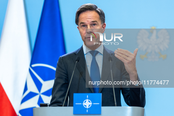 NATO Secretary General Mark Rutte at the press conference after his meeting with Polish Prime Minister Donald Tusk in Warsaw, Poland on Nove...