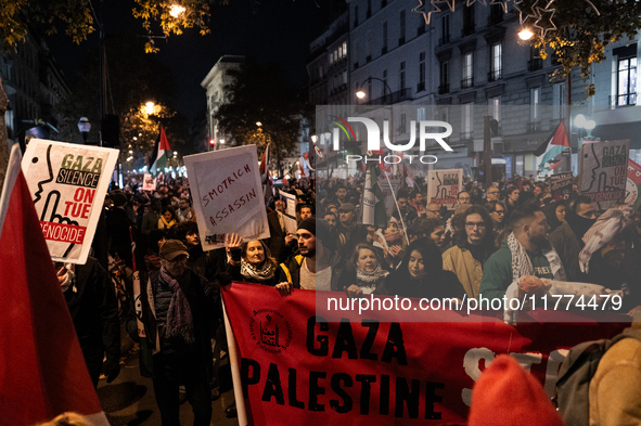 Protesters hold placards and wave Palestinian flags during a rally organized by political parties (La France Insoumise - LFI, Les Ecologiste...