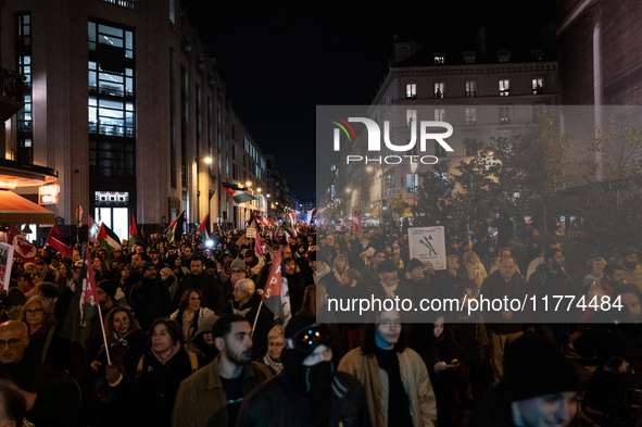 Protesters hold placards and wave Palestinian flags during a rally organized by political parties (La France Insoumise - LFI, Les Ecologiste...