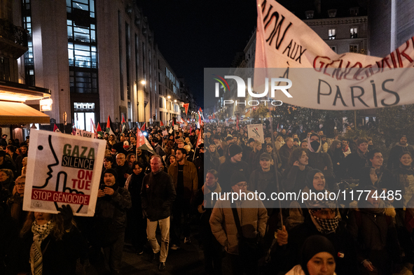 Protesters hold placards and wave Palestinian flags during a rally organized by political parties (La France Insoumise - LFI, Les Ecologiste...