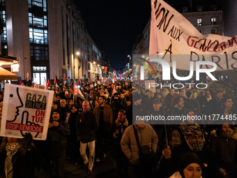 Protesters hold placards and wave Palestinian flags during a rally organized by political parties (La France Insoumise - LFI, Les Ecologiste...