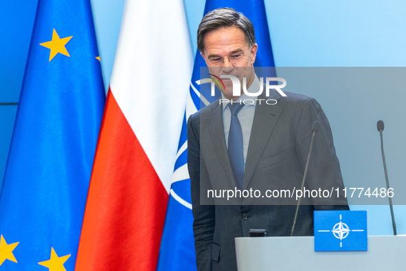 NATO Secretary General Mark Rutte at the press conference after his meeting with Polish Prime Minister Donald Tusk in Warsaw, Poland on Nove...