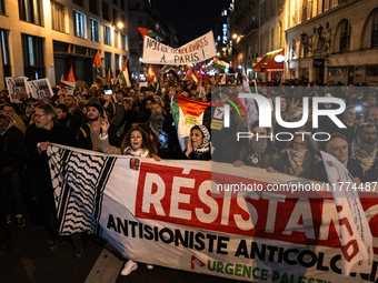 Protesters hold placards and wave Palestinian flags during a rally organized by political parties (La France Insoumise - LFI, Les Ecologiste...