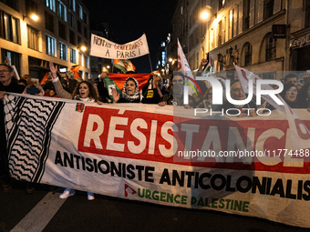 Protesters hold placards and wave Palestinian flags during a rally organized by political parties (La France Insoumise - LFI, Les Ecologiste...