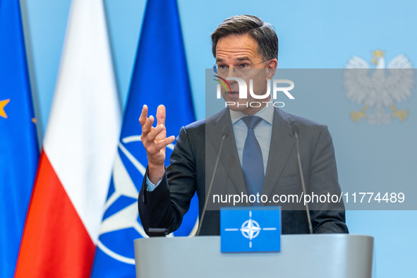 NATO Secretary General Mark Rutte at the press conference after his meeting with Polish Prime Minister Donald Tusk in Warsaw, Poland on Nove...