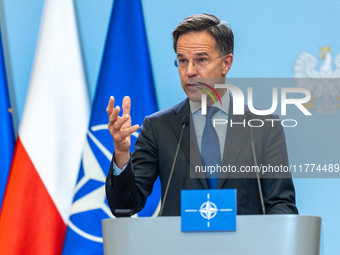 NATO Secretary General Mark Rutte at the press conference after his meeting with Polish Prime Minister Donald Tusk in Warsaw, Poland on Nove...