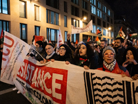 Protesters hold placards and wave Palestinian flags during a rally organized by political parties (La France Insoumise - LFI, Les Ecologiste...