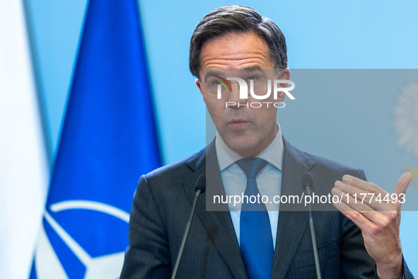 NATO Secretary General Mark Rutte at the press conference after his meeting with Polish Prime Minister Donald Tusk in Warsaw, Poland on Nove...