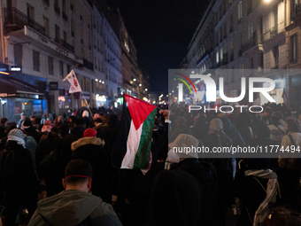 Protesters hold placards and wave Palestinian flags during a rally organized by political parties (La France Insoumise - LFI, Les Ecologiste...