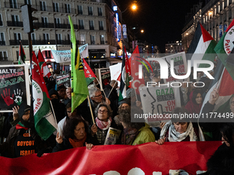 Protesters hold placards and wave Palestinian flags during a rally organized by political parties (La France Insoumise - LFI, Les Ecologiste...