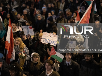 Protesters hold placards and wave Palestinian flags during a rally organized by political parties (La France Insoumise - LFI, Les Ecologiste...