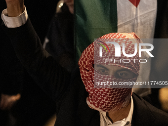 Protesters hold placards and wave Palestinian flags during a rally organized by political parties (La France Insoumise - LFI, Les Ecologiste...