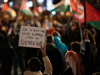 A protester holds a placard reading ''this is not a war, this is a genocide'' during a rally organized by political parties (La France Insou...