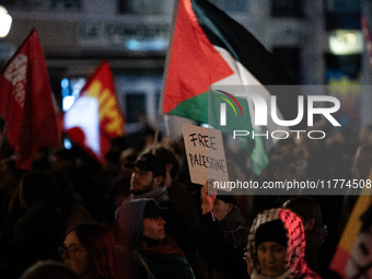 Protesters hold placards and wave Palestinian flags during a rally organized by political parties (La France Insoumise - LFI, Les Ecologiste...