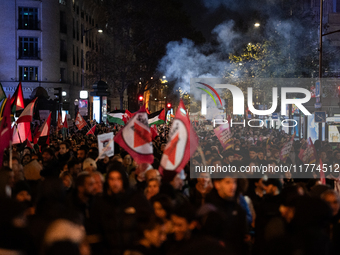 Protesters hold placards and wave Palestinian flags during a rally organized by political parties (La France Insoumise - LFI, Les Ecologiste...