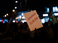 A protester holds a placard reading ''Smotrich assassin'' during a rally organized by political parties (La France Insoumise - LFI, Les Ecol...