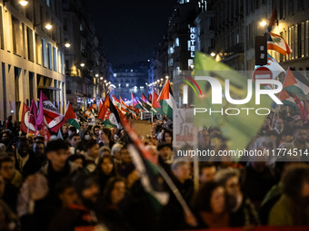 Protesters hold placards and wave Palestinian flags during a rally organized by political parties (La France Insoumise - LFI, Les Ecologiste...