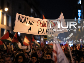 Protesters hold placards and wave Palestinian flags during a rally organized by political parties (La France Insoumise - LFI, Les Ecologiste...