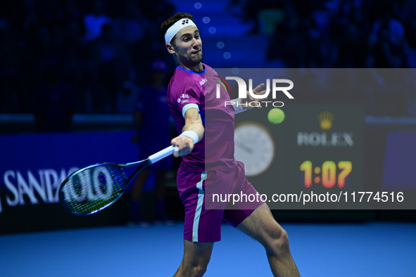 Casper Ruud plays during the Nitto ATP Finals 2024 Group B match between Casper Ruud and Alexander Zverev at Inalpi Arena in Turin, Italy, o...