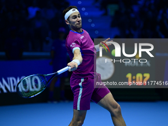 Casper Ruud plays during the Nitto ATP Finals 2024 Group B match between Casper Ruud and Alexander Zverev at Inalpi Arena in Turin, Italy, o...