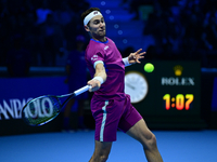 Casper Ruud plays during the Nitto ATP Finals 2024 Group B match between Casper Ruud and Alexander Zverev at Inalpi Arena in Turin, Italy, o...