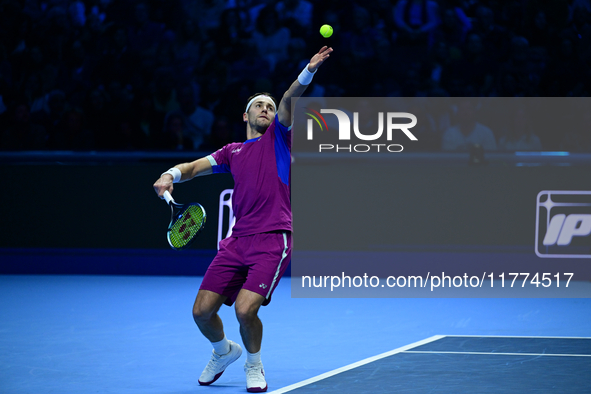 Casper Ruud plays during the Nitto ATP Finals 2024 Group B match between Casper Ruud and Alexander Zverev at Inalpi Arena in Turin, Italy, o...