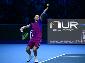 Casper Ruud plays during the Nitto ATP Finals 2024 Group B match between Casper Ruud and Alexander Zverev at Inalpi Arena in Turin, Italy, o...