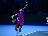 Casper Ruud plays during the Nitto ATP Finals 2024 Group B match between Casper Ruud and Alexander Zverev at Inalpi Arena in Turin, Italy, o...