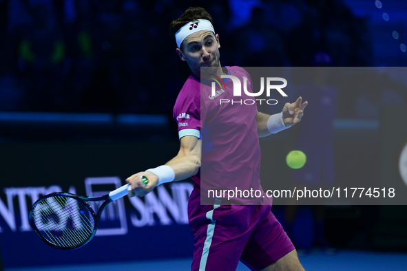 Casper Ruud plays during the Nitto ATP Finals 2024 Group B match between Casper Ruud and Alexander Zverev at Inalpi Arena in Turin, Italy, o...