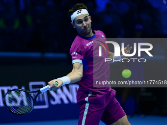 Casper Ruud plays during the Nitto ATP Finals 2024 Group B match between Casper Ruud and Alexander Zverev at Inalpi Arena in Turin, Italy, o...