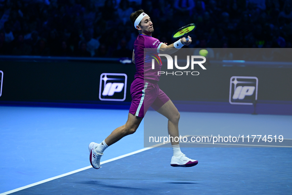 Casper Ruud plays during the Nitto ATP Finals 2024 Group B match between Casper Ruud and Alexander Zverev at Inalpi Arena in Turin, Italy, o...