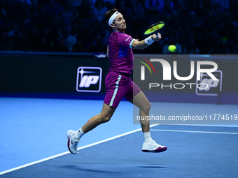 Casper Ruud plays during the Nitto ATP Finals 2024 Group B match between Casper Ruud and Alexander Zverev at Inalpi Arena in Turin, Italy, o...